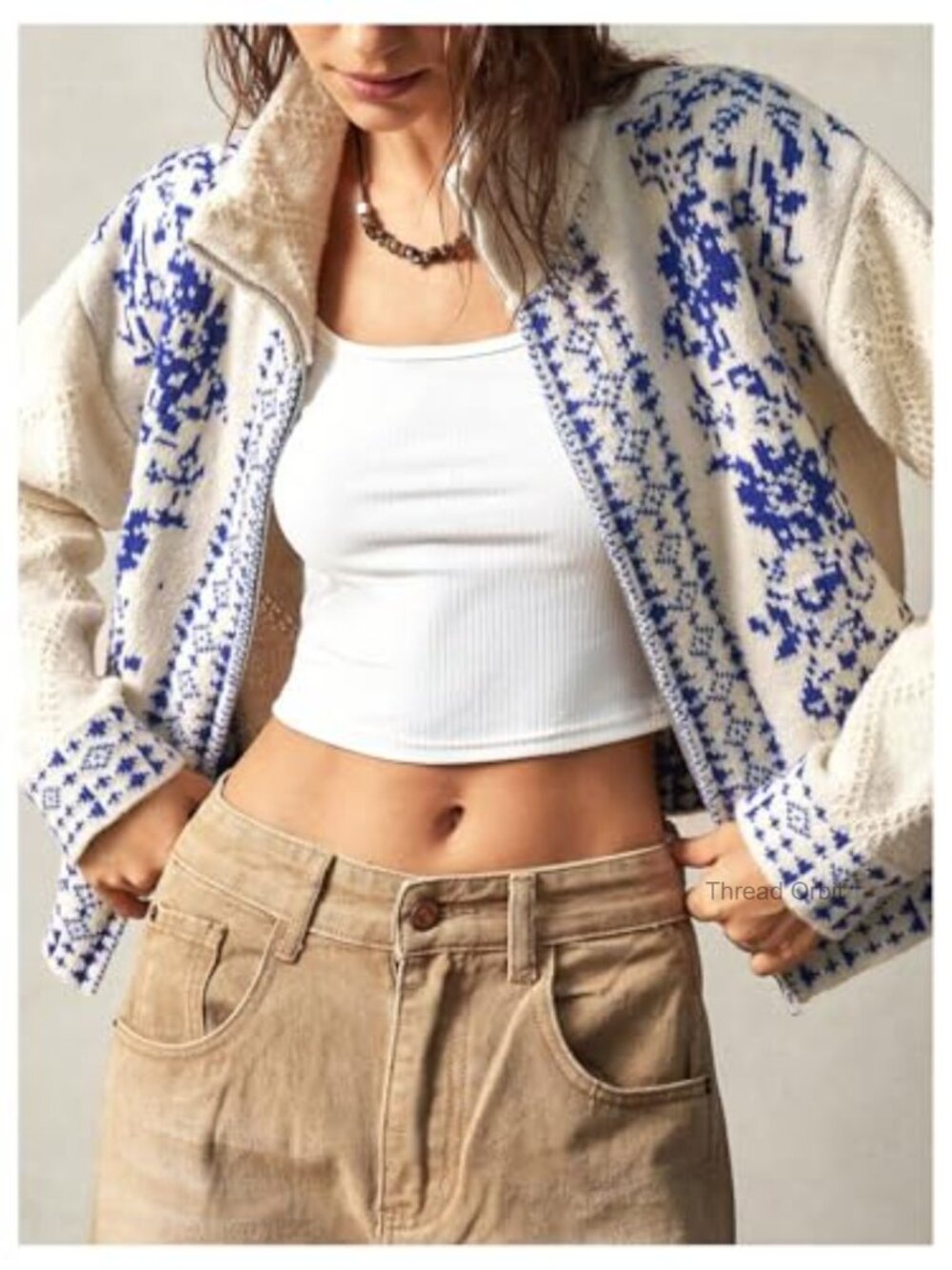 Boho Floral Print Long Sleeve Zip Cardigan Sweater Knitwear - Picture 6 of 6